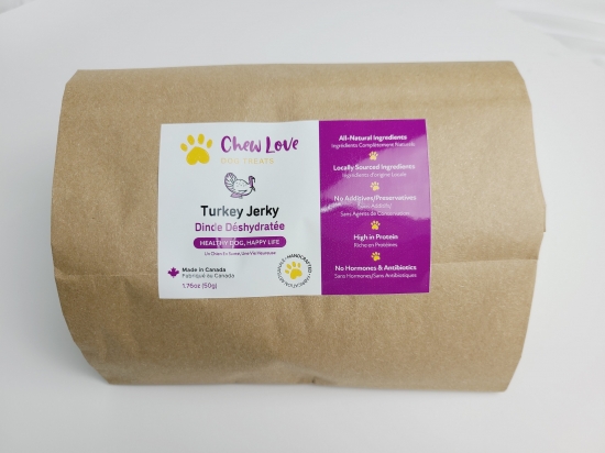 a turkey jerky dog treats packaging front